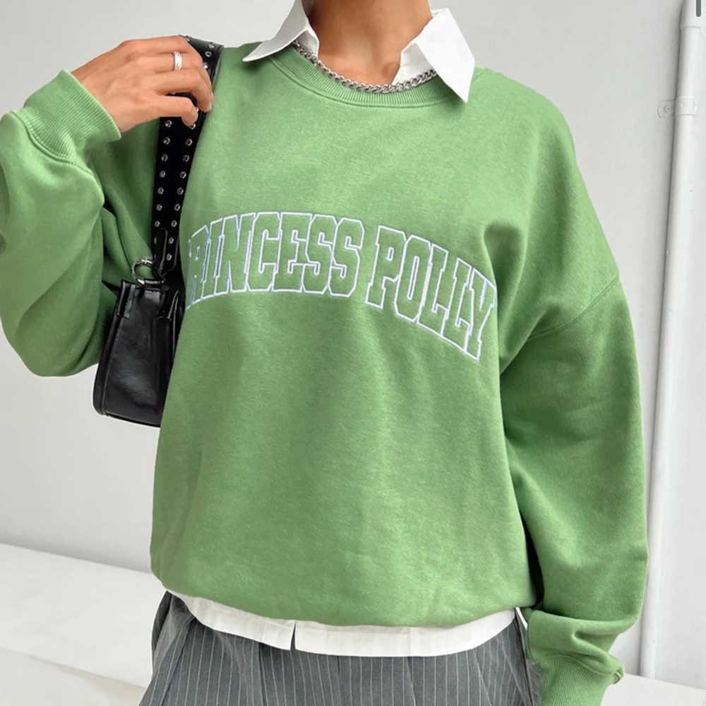 Princess Polly Crew Neck Sweatshirt Collegiate Text Green
